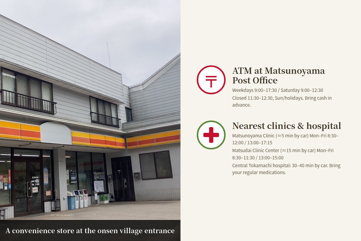 Post office ATM (Matsunoyama Onsen) and medical care (Central Tokamachi)