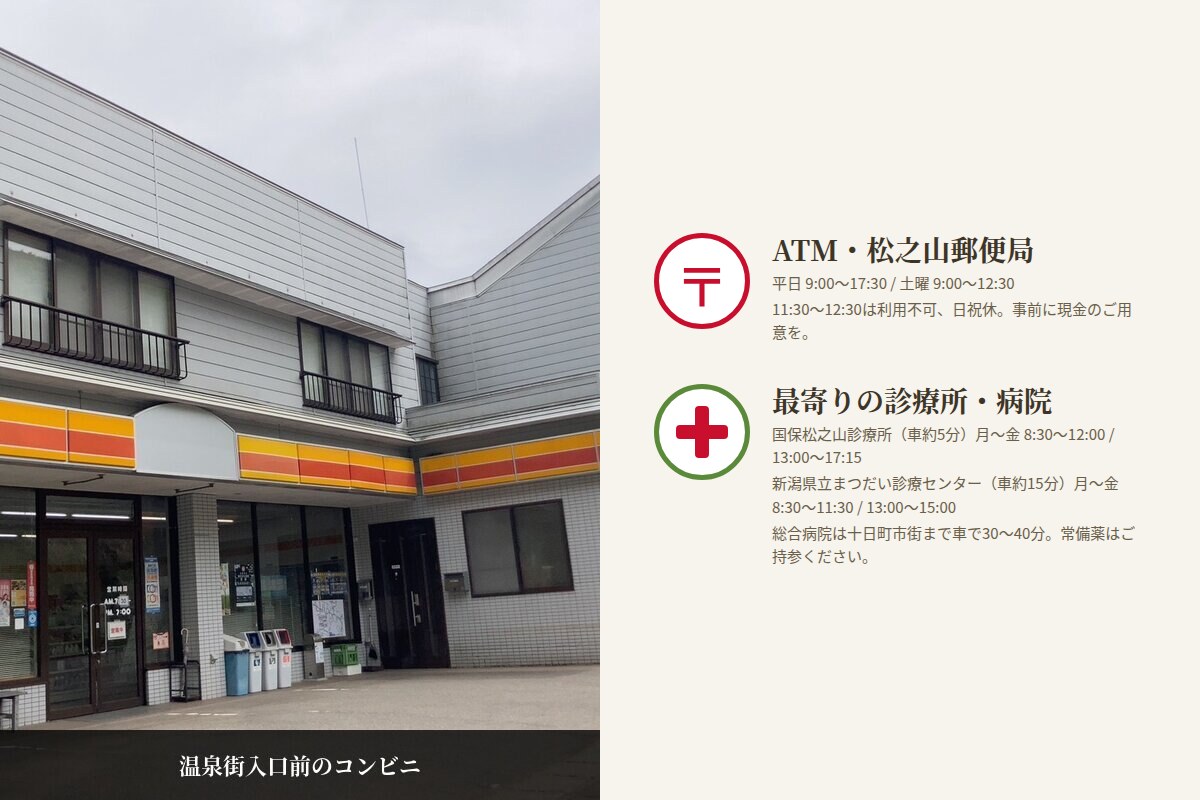 郵便局ATM（松之山温泉）と医療機関（十日町市街）