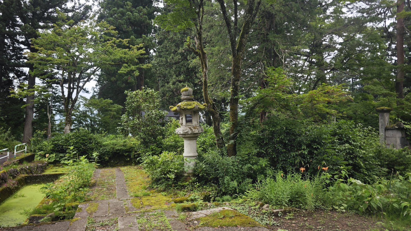 Moss-covered stone lantern in the museum garden